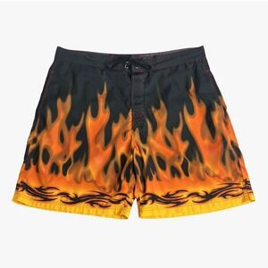 Y2K No Boundaries Board Shorts Mens 40 Black Orange Flame Tribal Swim Trunks